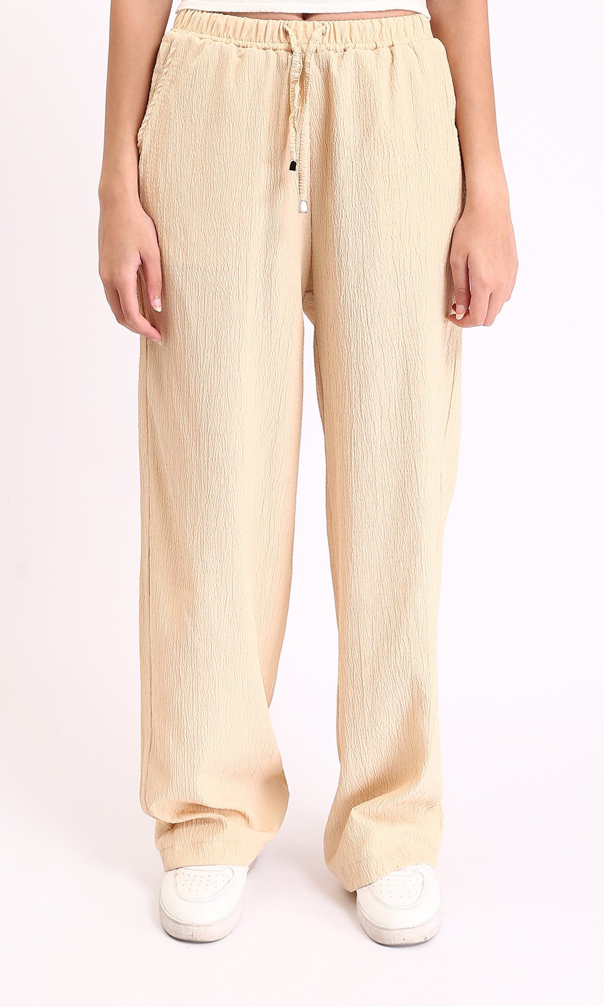Wide-Leg Textured Drawstring Pants - Beige