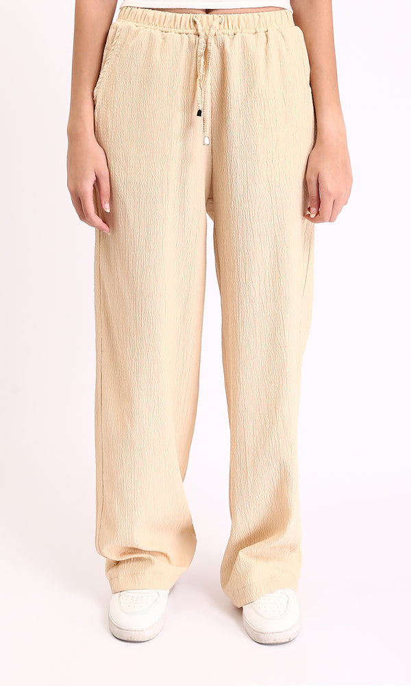 R208114 - Wide-Leg Textured Drawstring Pants - Beige
