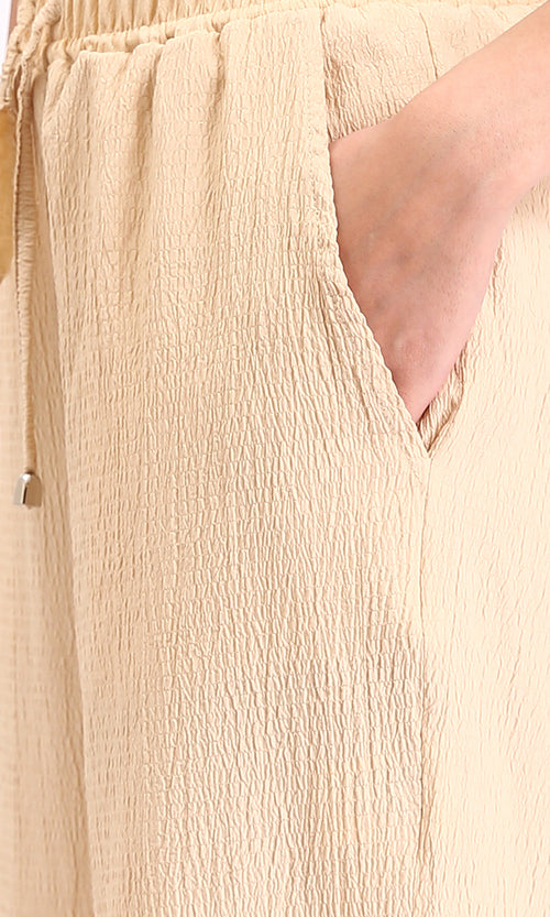 R208114 - Wide-Leg Textured Drawstring Pants - Beige