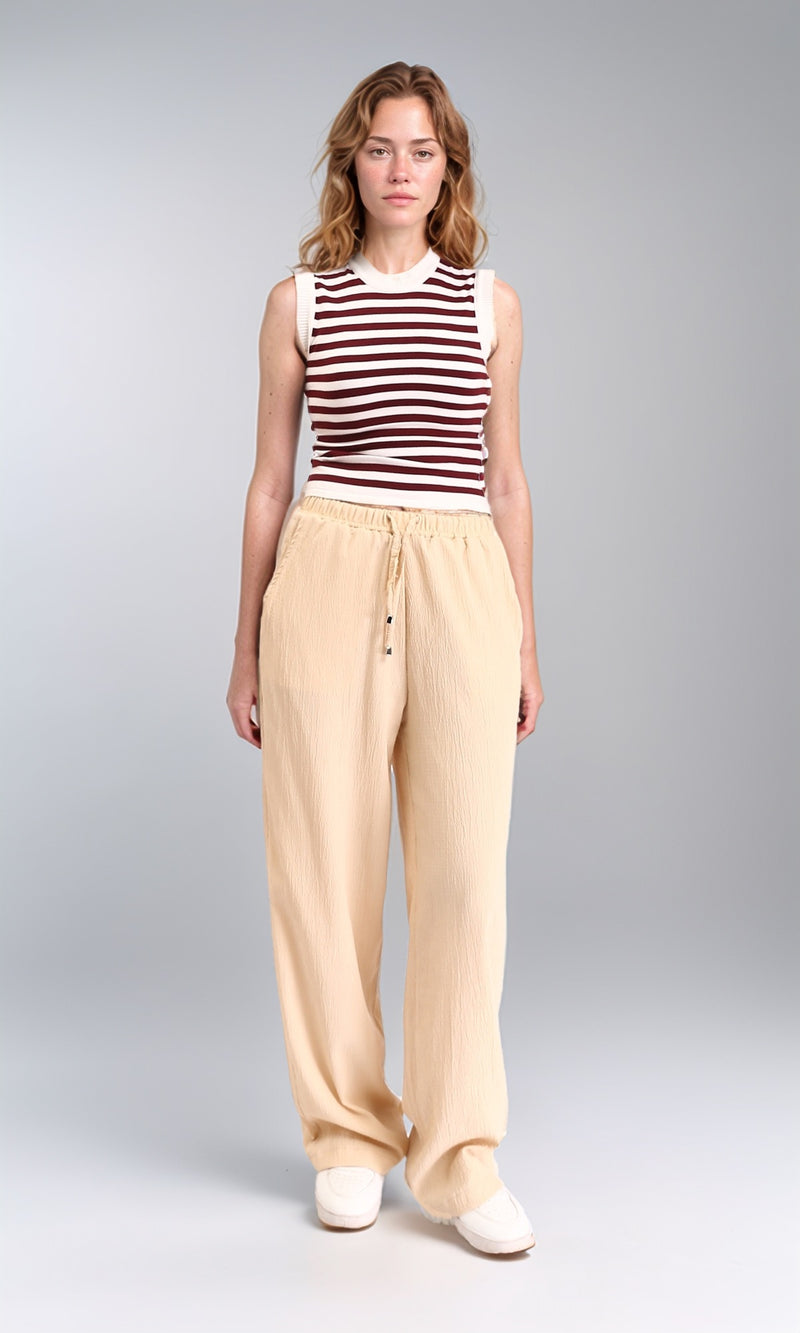 R208114 - Wide-Leg Textured Drawstring Pants - Beige
