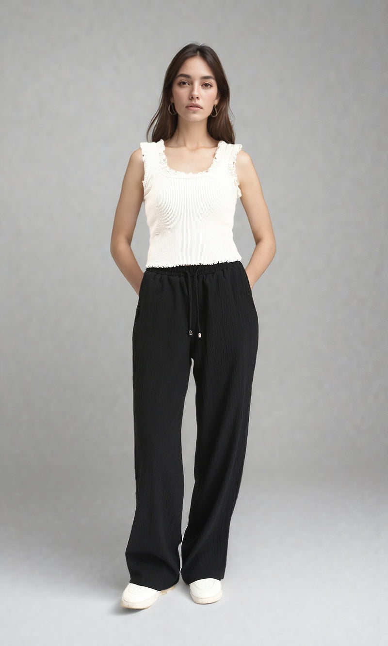 R208115 - Slip On Textured Casual Pants - Black
