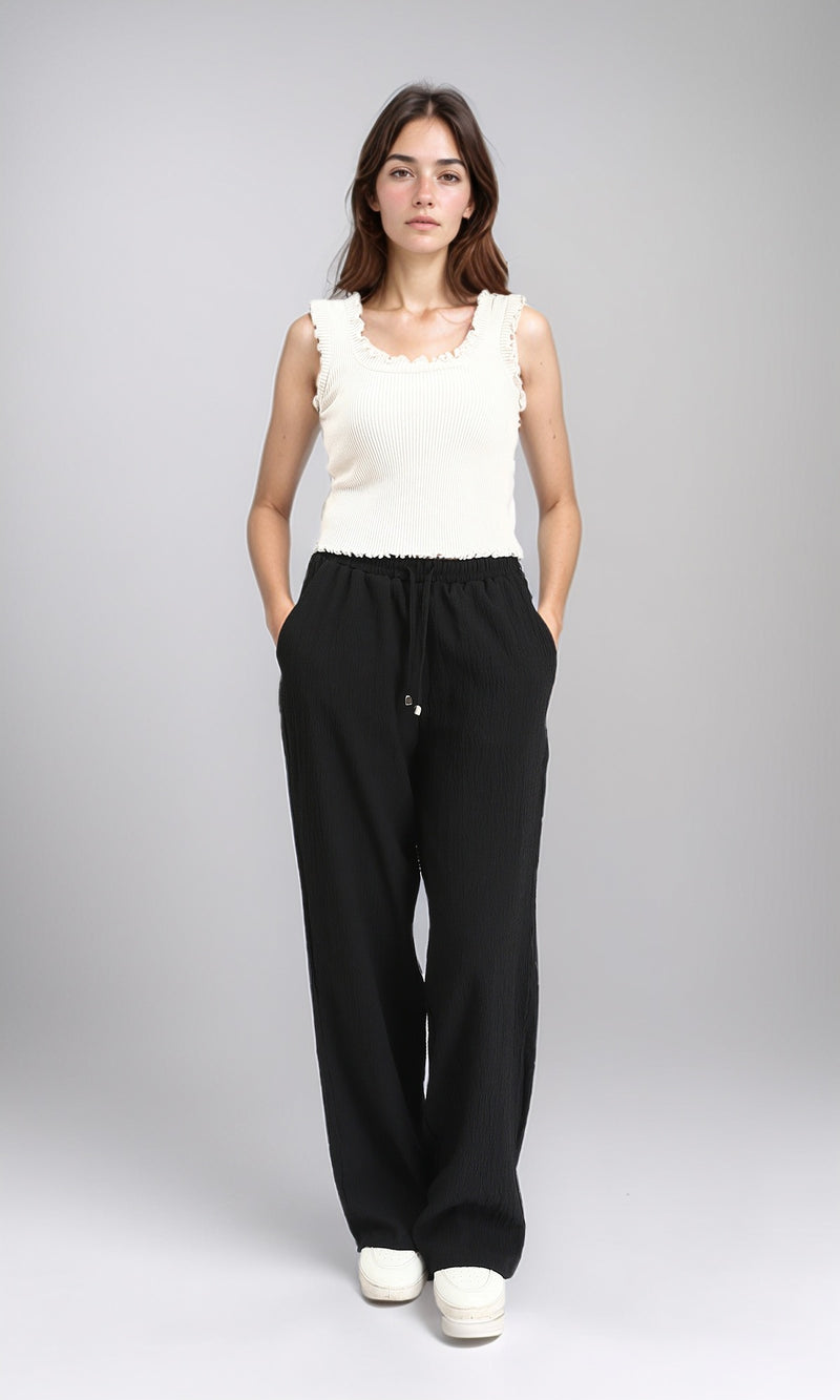 R208115 - Slip On Textured Casual Pants - Black