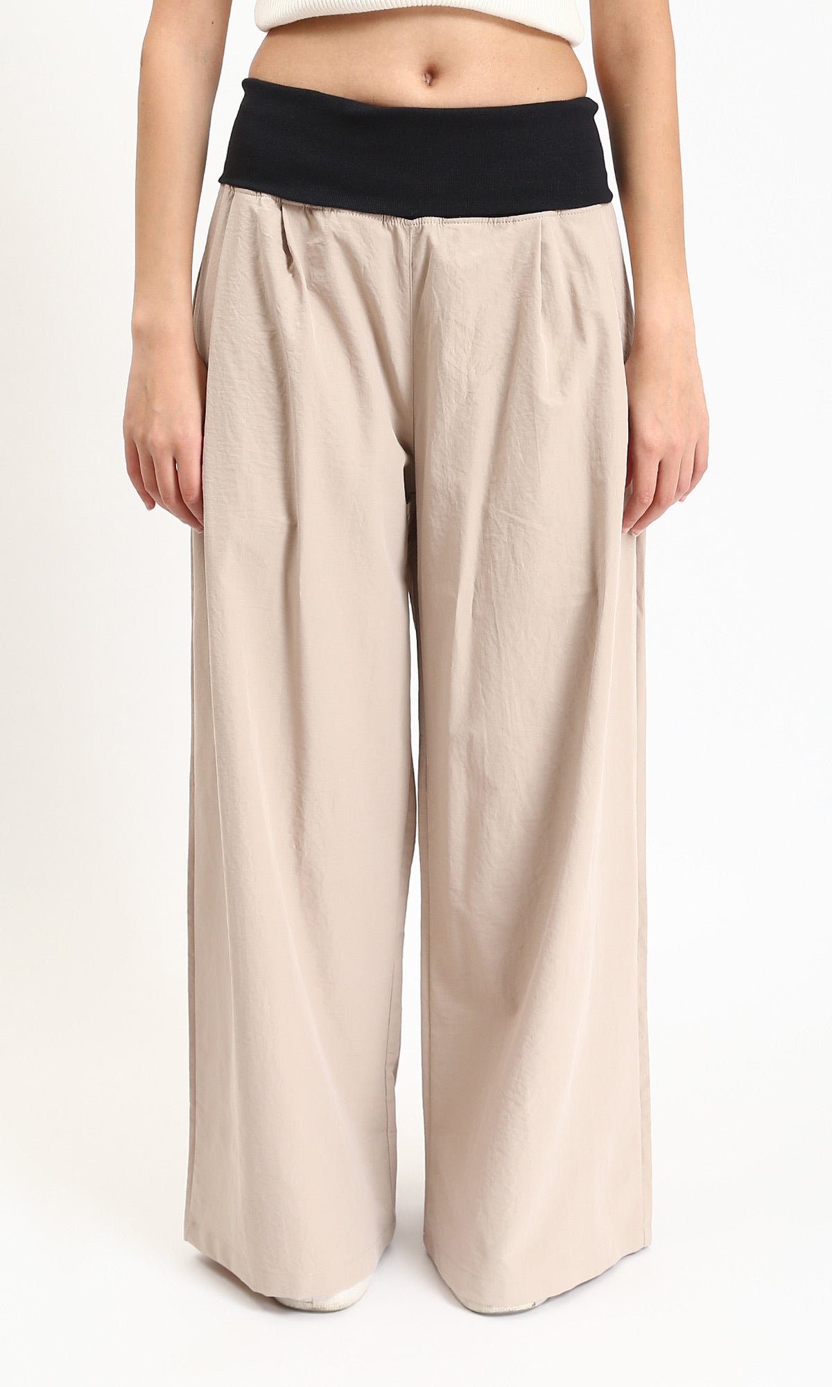 Wide Leg Pants with Wide Elastic Waist - Dark Beige