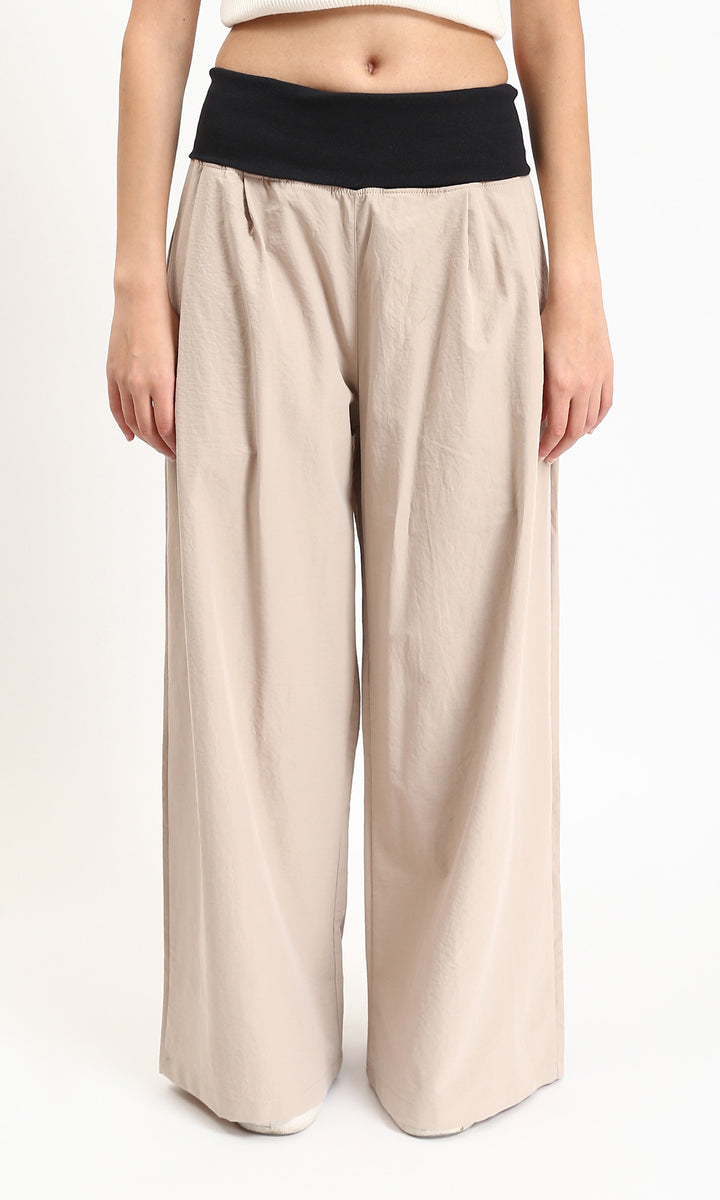 Wide Leg Pants with Wide Elastic Waist - Dark Beige