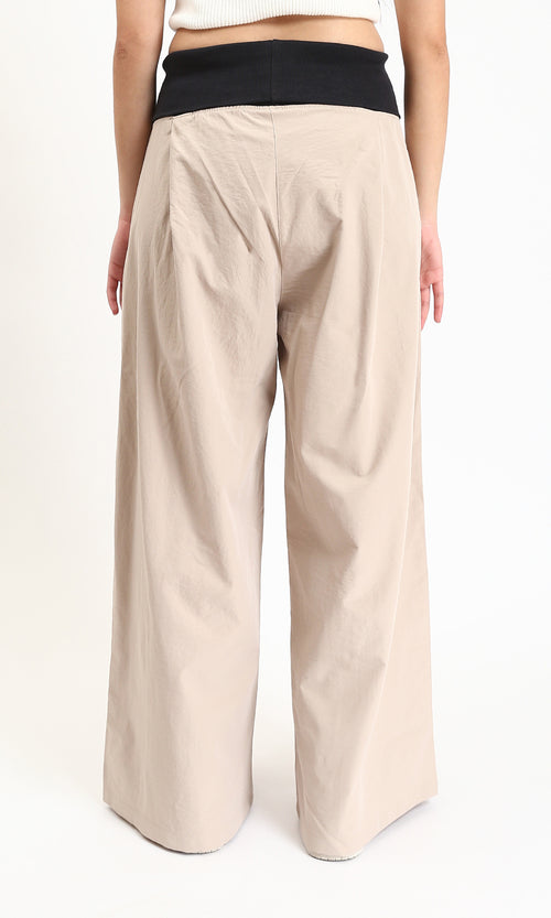R208117 - Wide Leg Pants with Wide Elastic Waist - Dark Beige