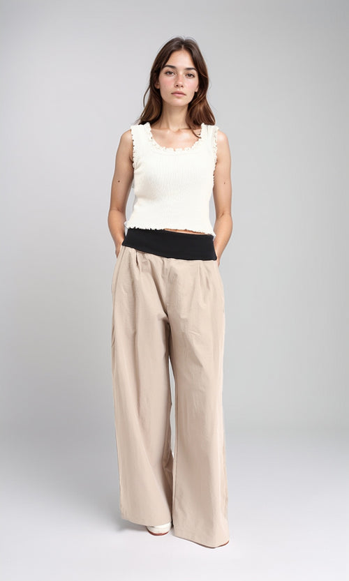 R208117 - Wide Leg Pants with Wide Elastic Waist - Dark Beige