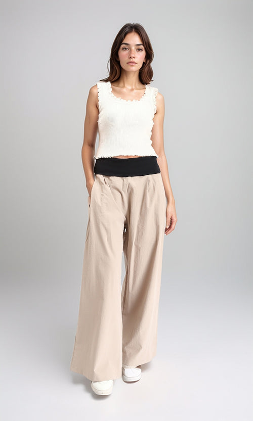 R208117 - Wide Leg Pants with Wide Elastic Waist - Dark Beige