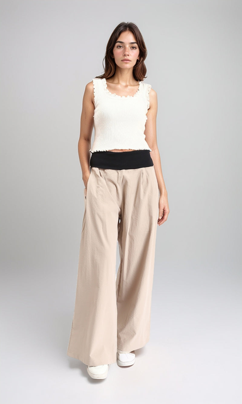 R208117 - Wide Leg Pants with Wide Elastic Waist - Dark Beige