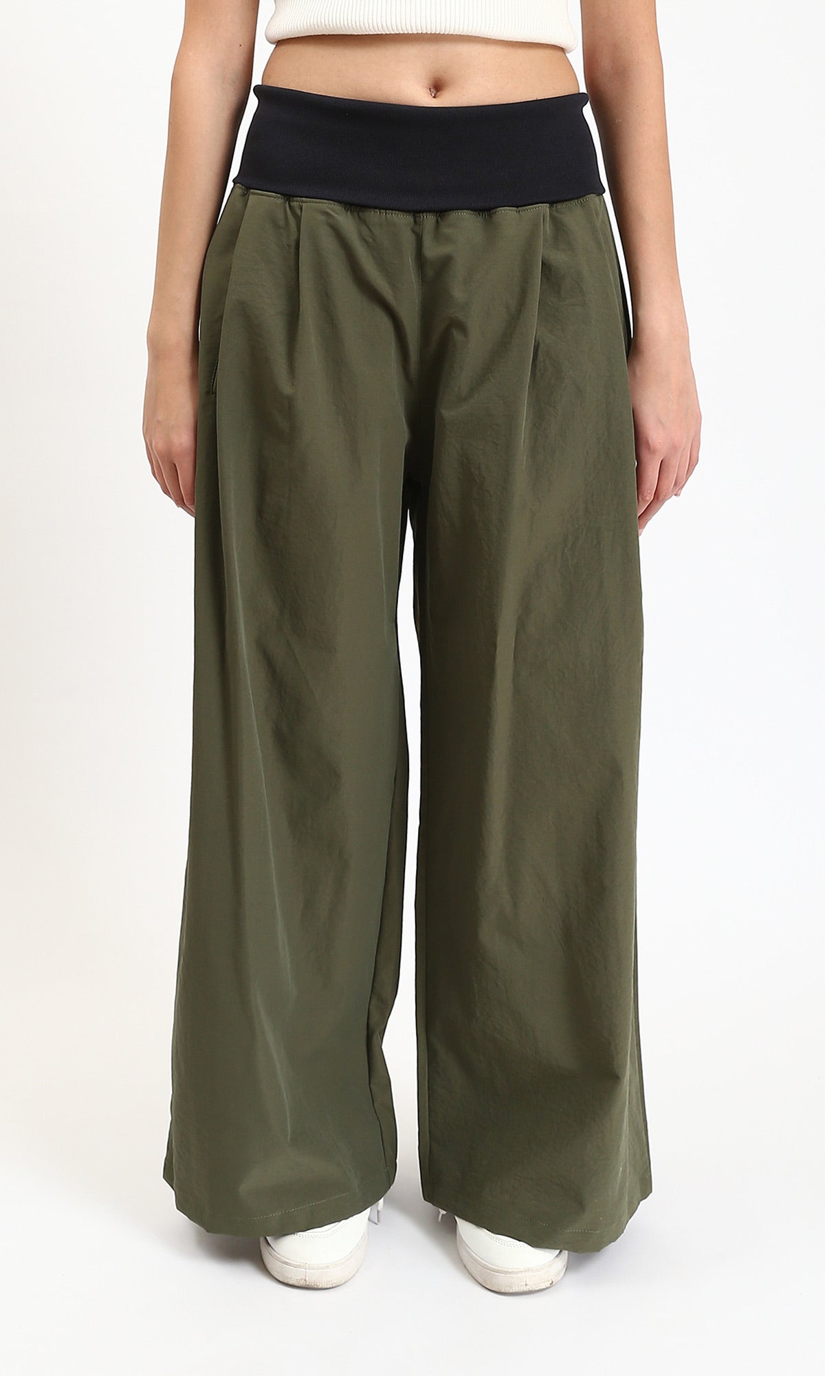 Wide Leg Pants with Wide Elastic Waist - Dark Olive