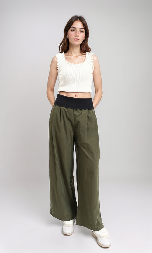 R208118 - Wide Leg Pants with Wide Elastic Waist - Dark Olive