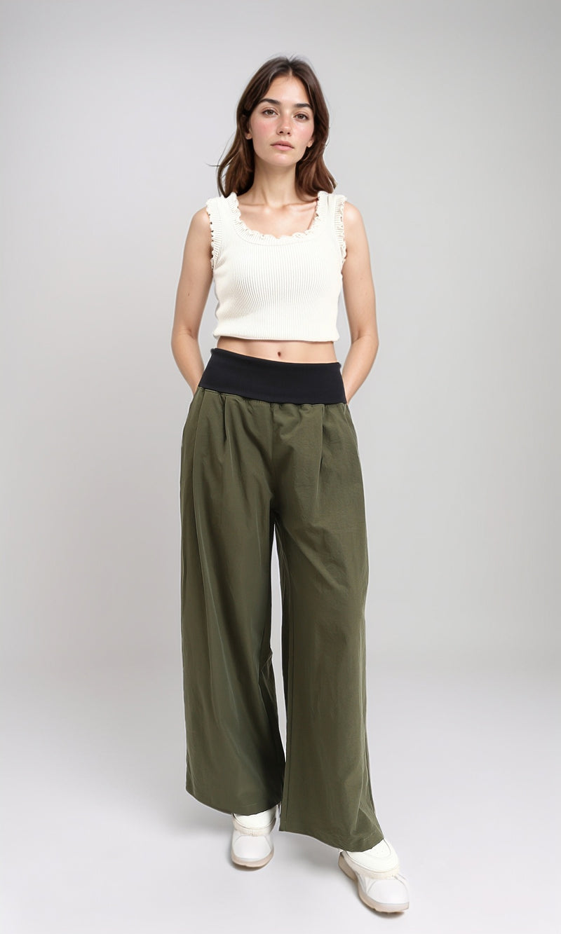 R208118 - Wide Leg Pants with Wide Elastic Waist - Dark Olive