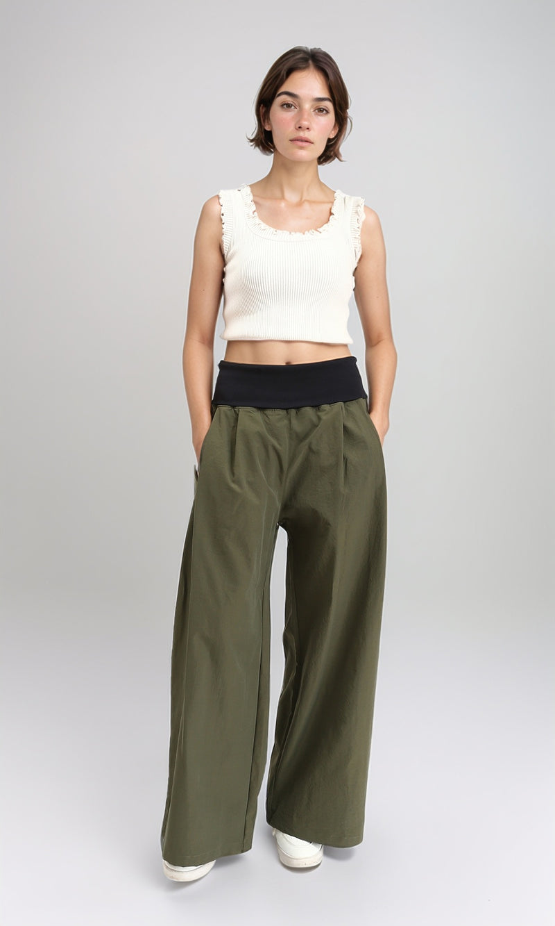 R208118 - Wide Leg Pants with Wide Elastic Waist - Dark Olive