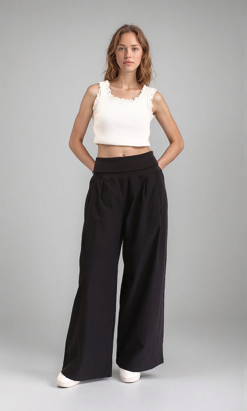 R208119 - Solid Wide Leg Casual Pants - Black
