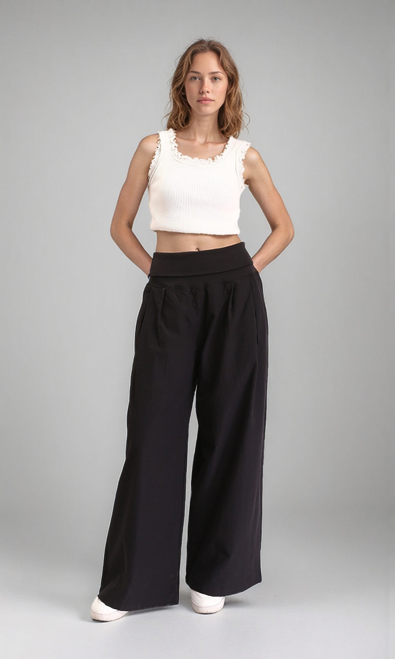 R208119 - Solid Wide Leg Casual Pants - Black