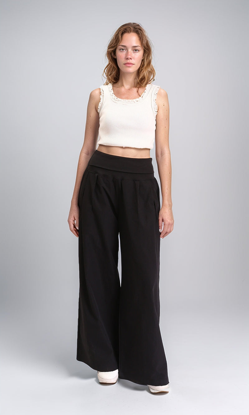 R208119 - Solid Wide Leg Casual Pants - Black