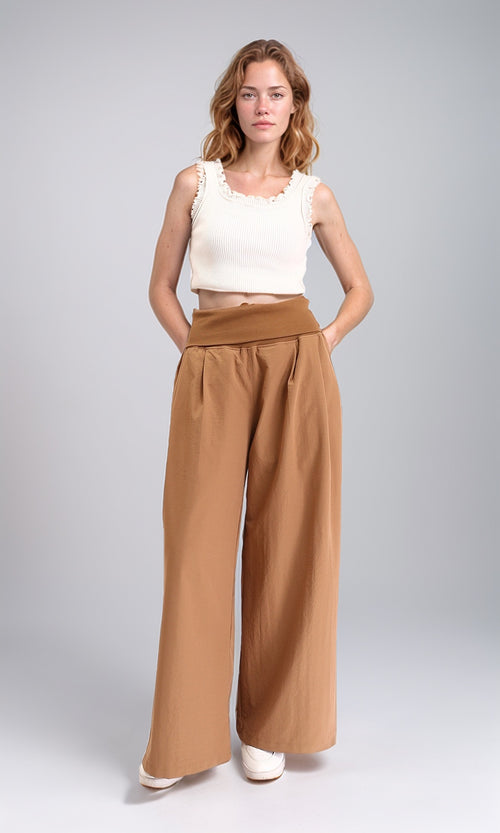R208120 - Solid Wide Leg Casual Pants - Light Brown
