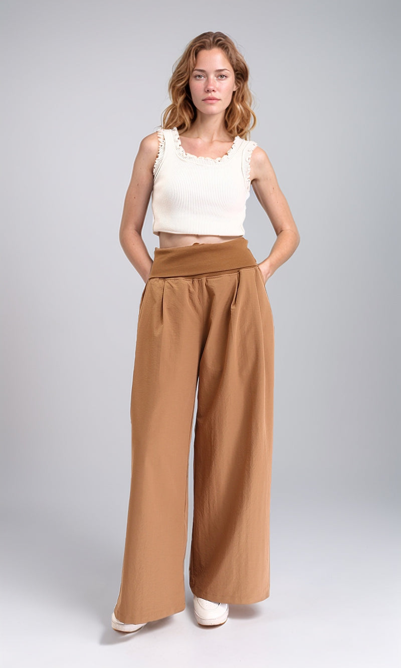 R208120 - Solid Wide Leg Casual Pants - Light Brown