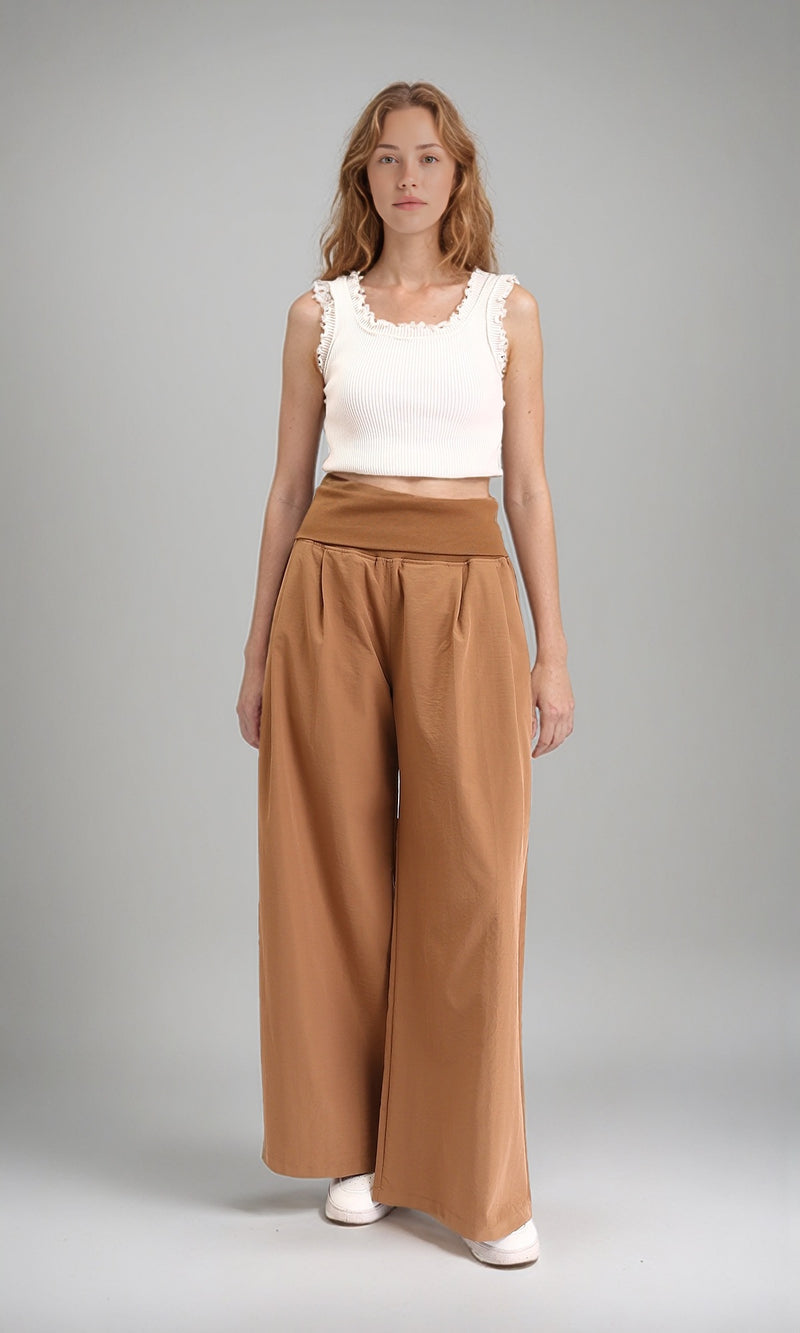 R208120 - Solid Wide Leg Casual Pants - Light Brown