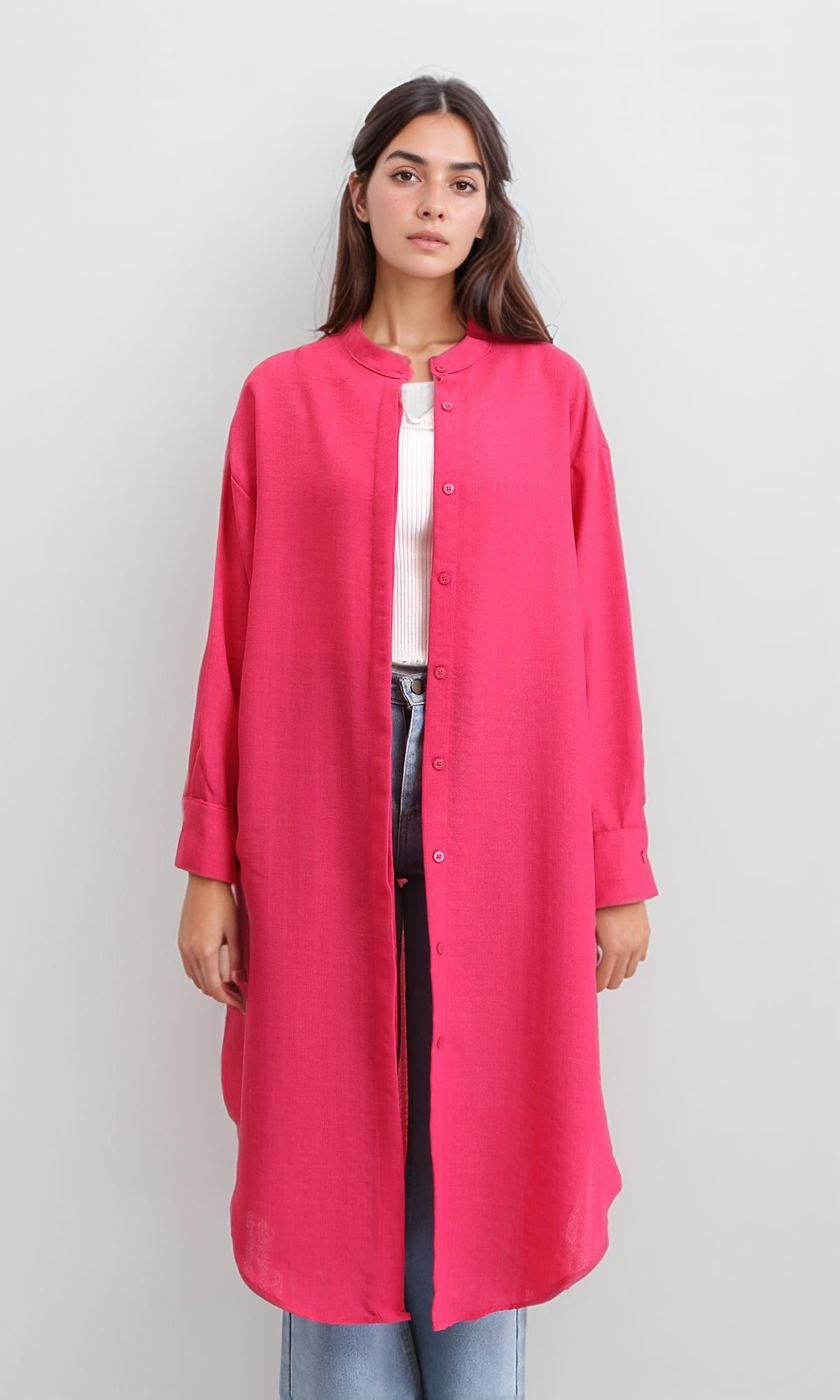 Mandarin Collar Textured Long Shirt - Fuchsia