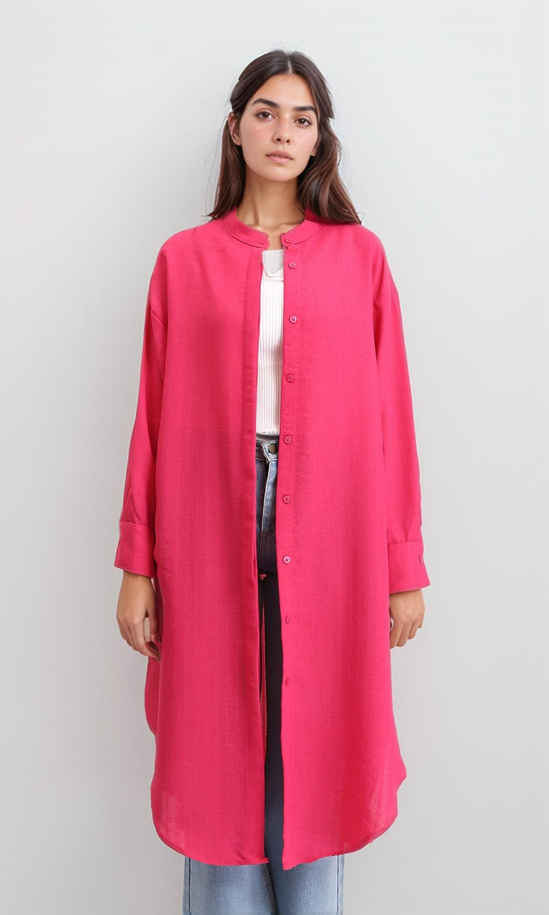 R208121 - Mandarin Collar Textured Long Shirt - Fuchsia