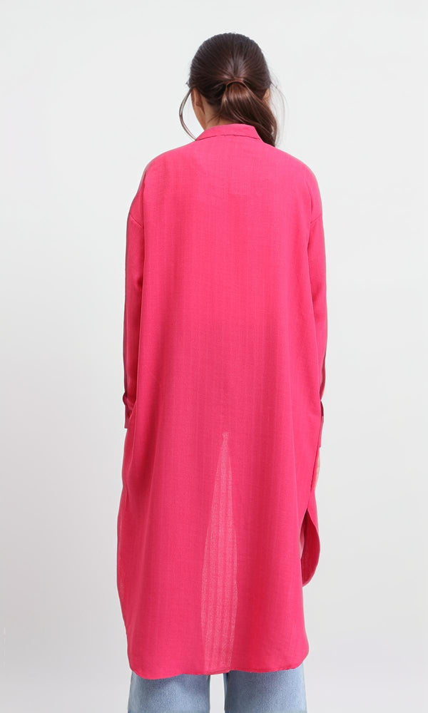 R208121 - Mandarin Collar Textured Long Shirt - Fuchsia
