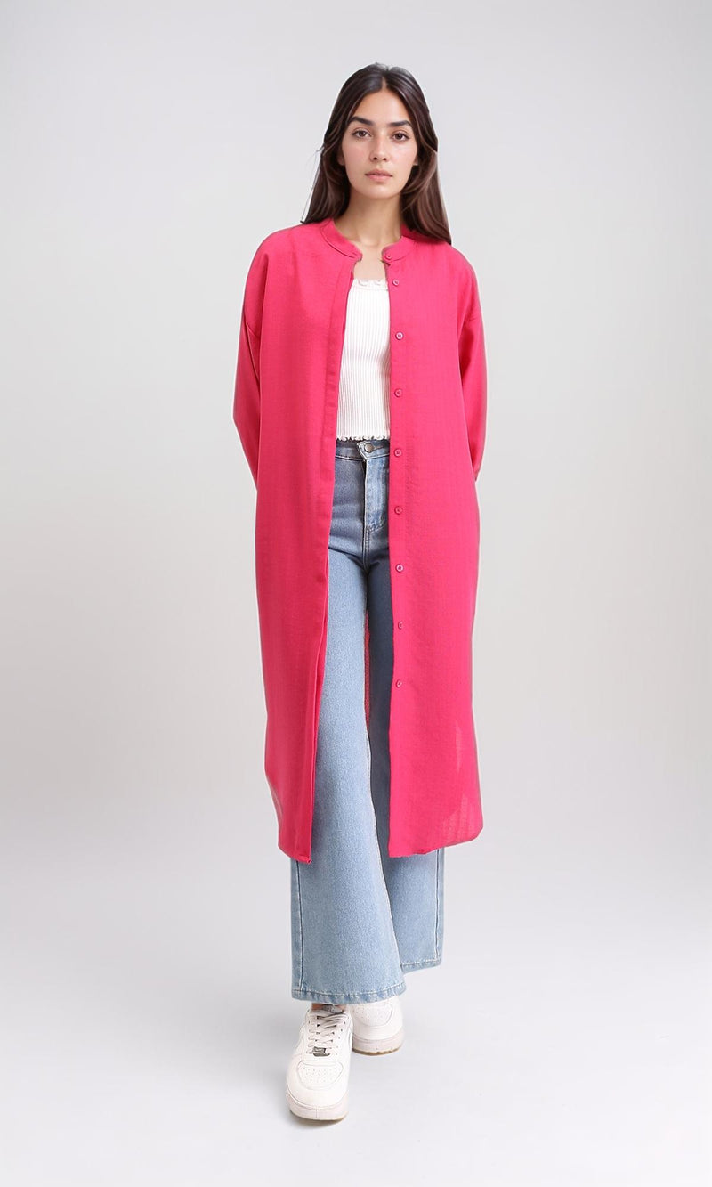 R208121 - Mandarin Collar Textured Long Shirt - Fuchsia
