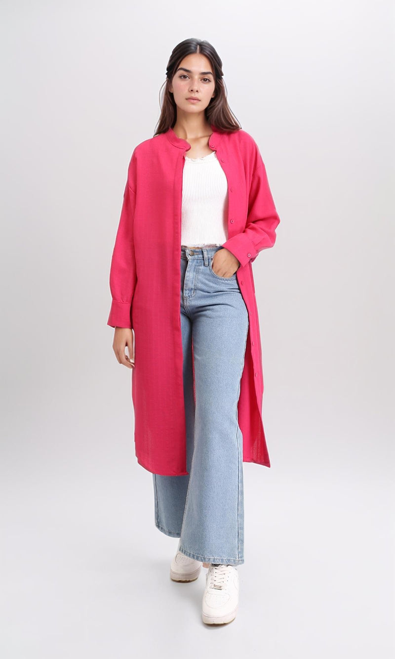 R208121 - Mandarin Collar Textured Long Shirt - Fuchsia