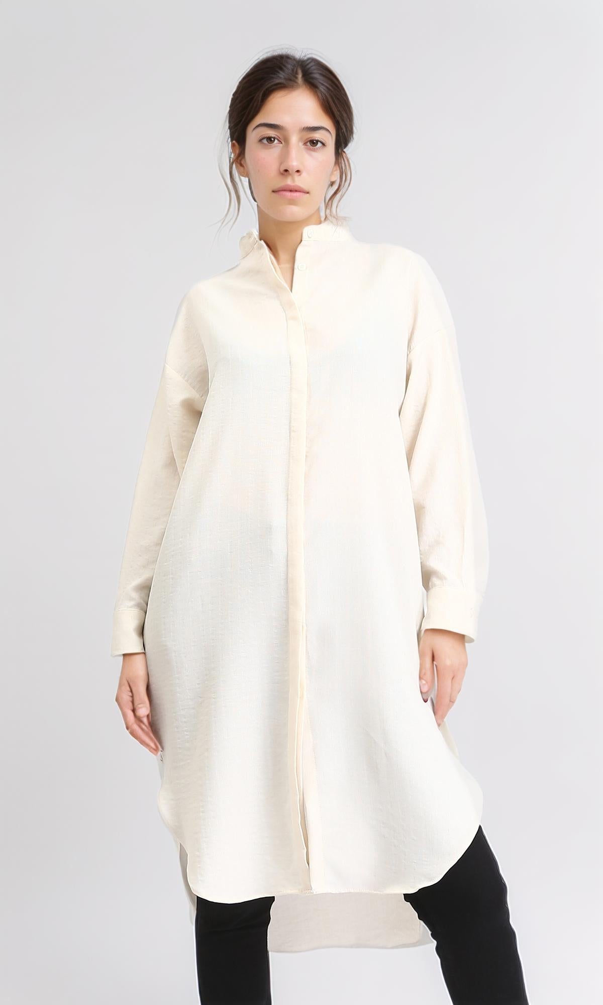 Solid Long Shirt with Hidden Buttons - Cream