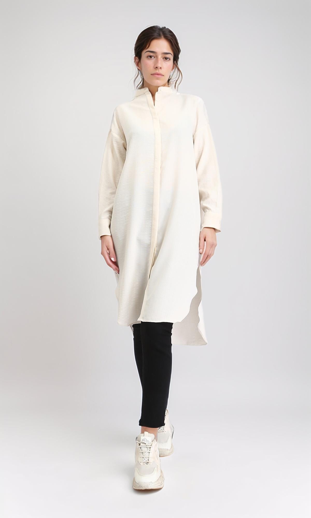 R208122 - Solid Long Shirt with Hidden Buttons - Cream