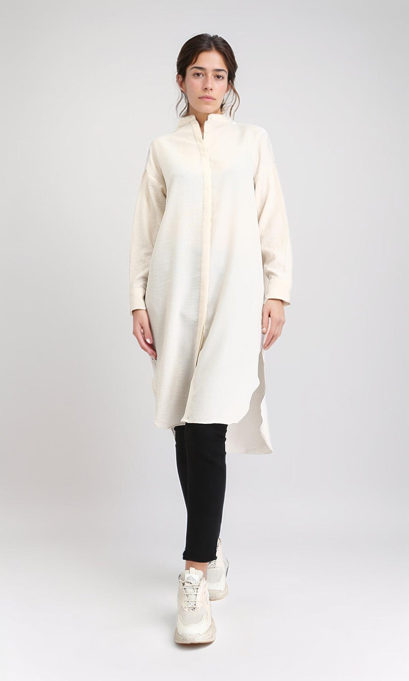 R208122 - Solid Long Shirt with Hidden Buttons - Cream