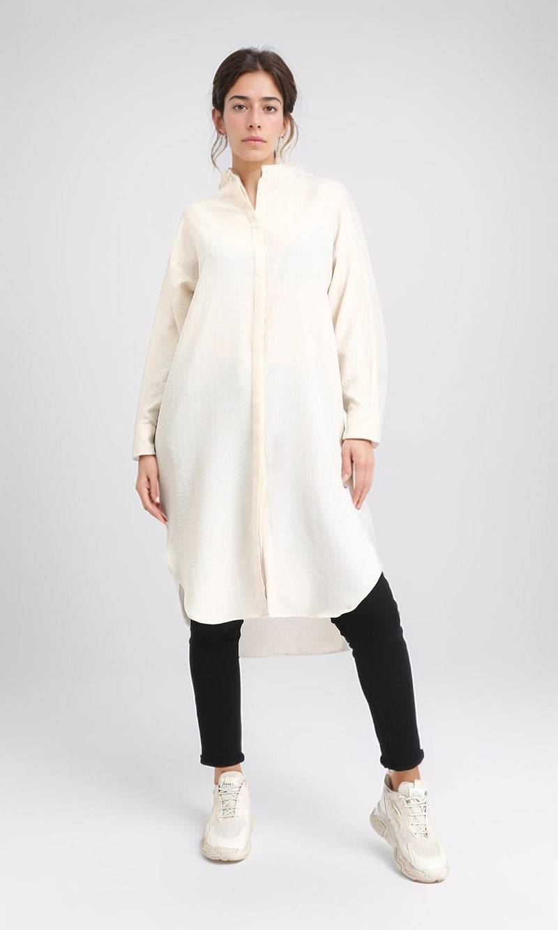 R208122 - Solid Long Shirt with Hidden Buttons - Cream