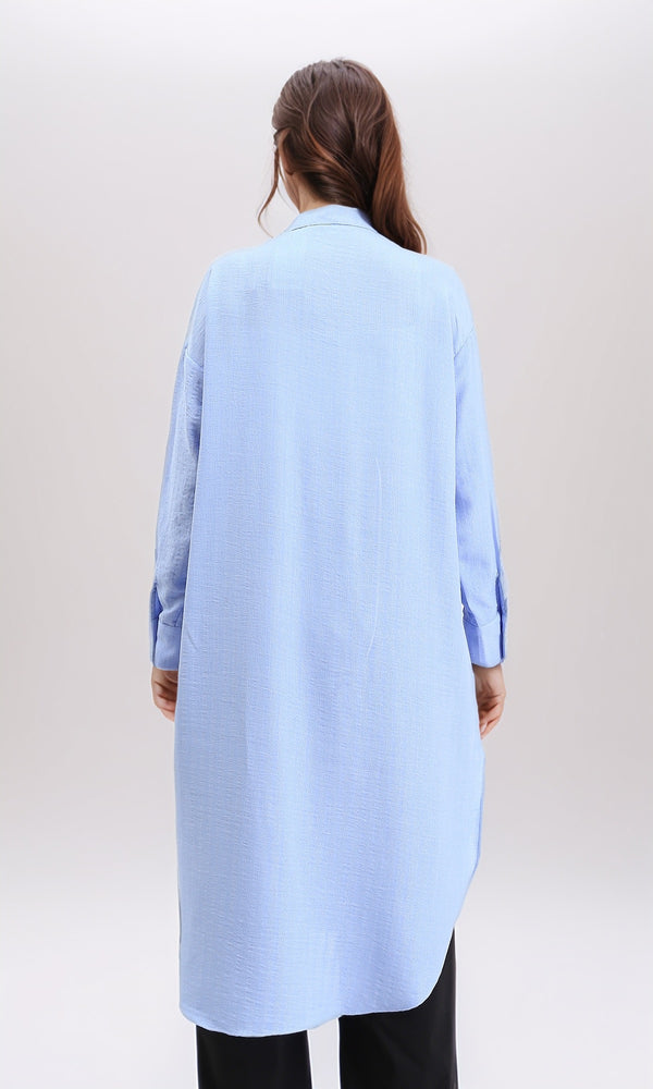 R208123 - Mandarin Collar Textured Long Shirt - Baby Blue