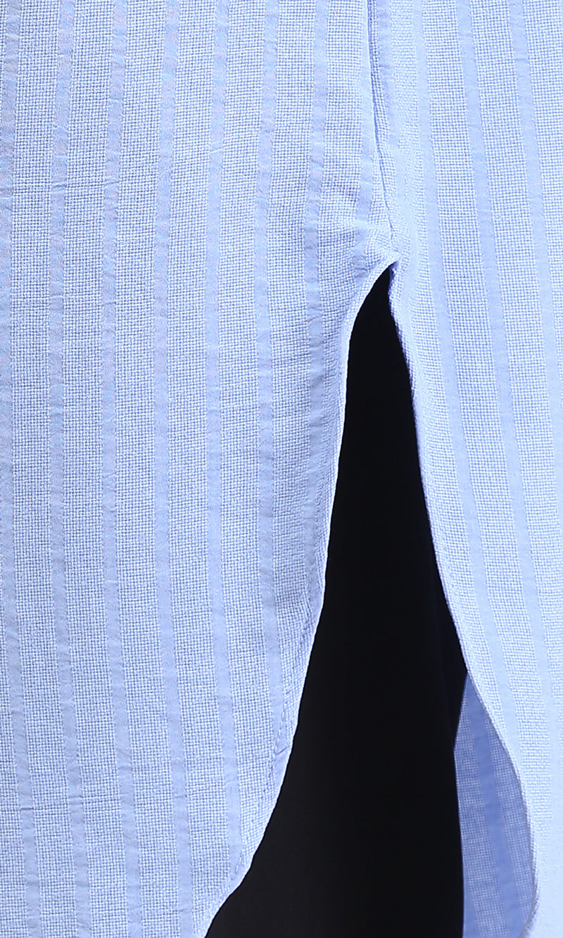 R208123 - Mandarin Collar Textured Long Shirt - Baby Blue