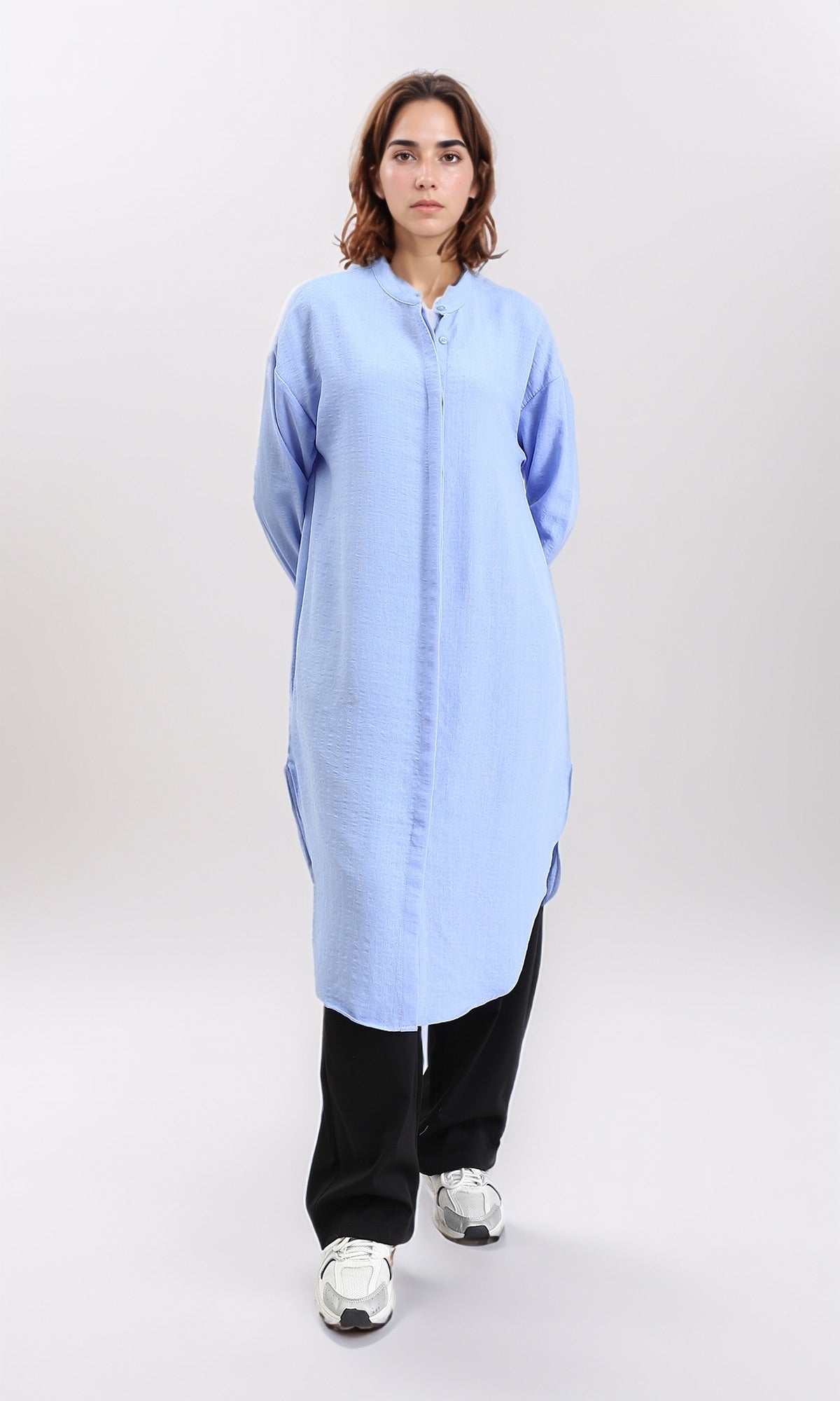 R208123 - Mandarin Collar Textured Long Shirt - Baby Blue