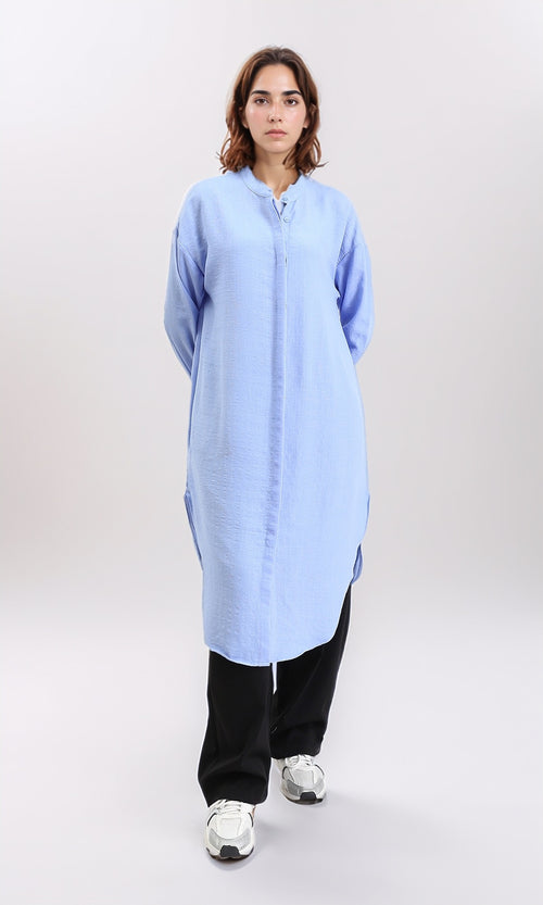 R208123 - Mandarin Collar Textured Long Shirt - Baby Blue