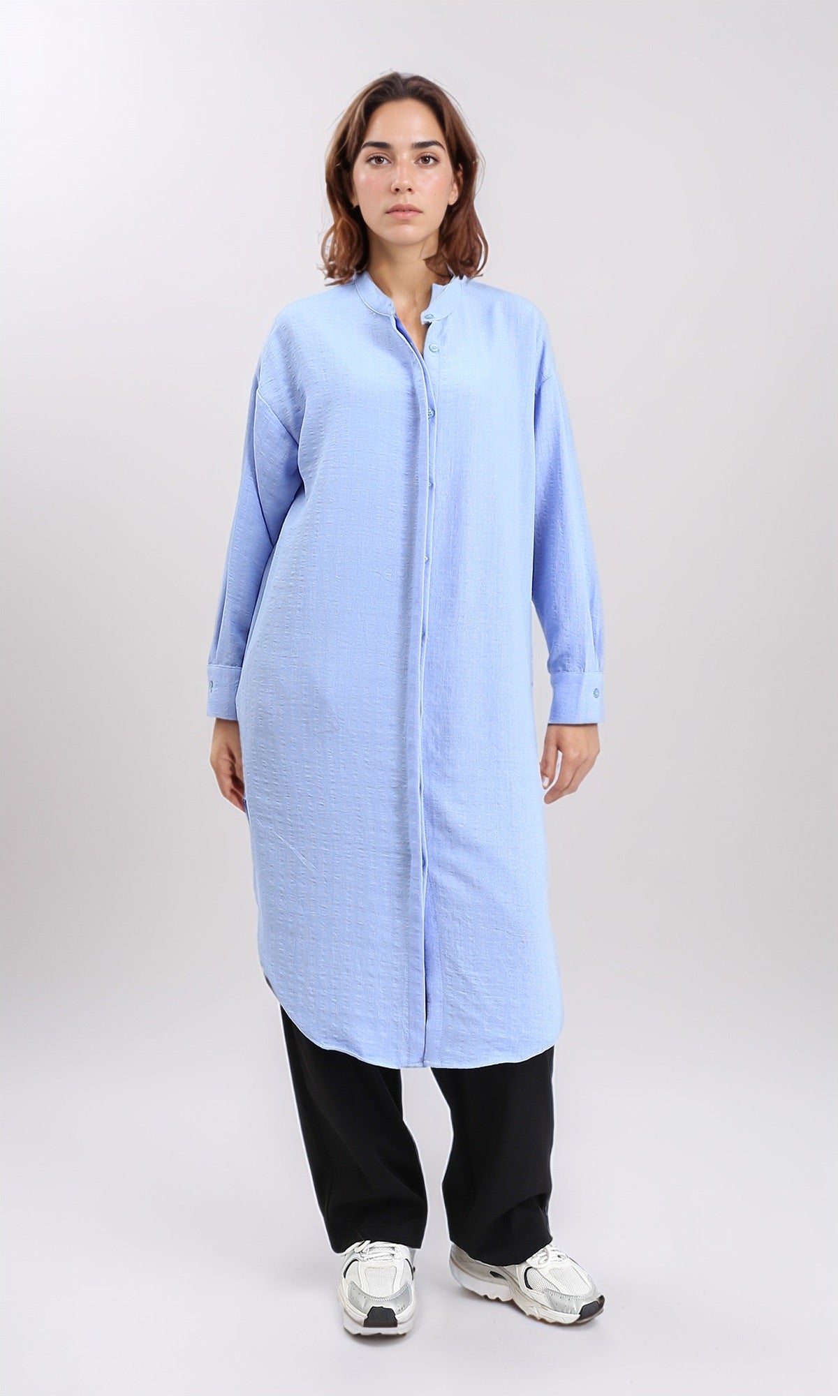 R208123 - Mandarin Collar Textured Long Shirt - Baby Blue