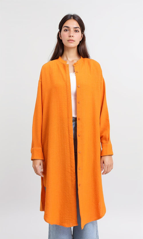 R208124 - Mandarin Collar Textured Long Shirt - Orange