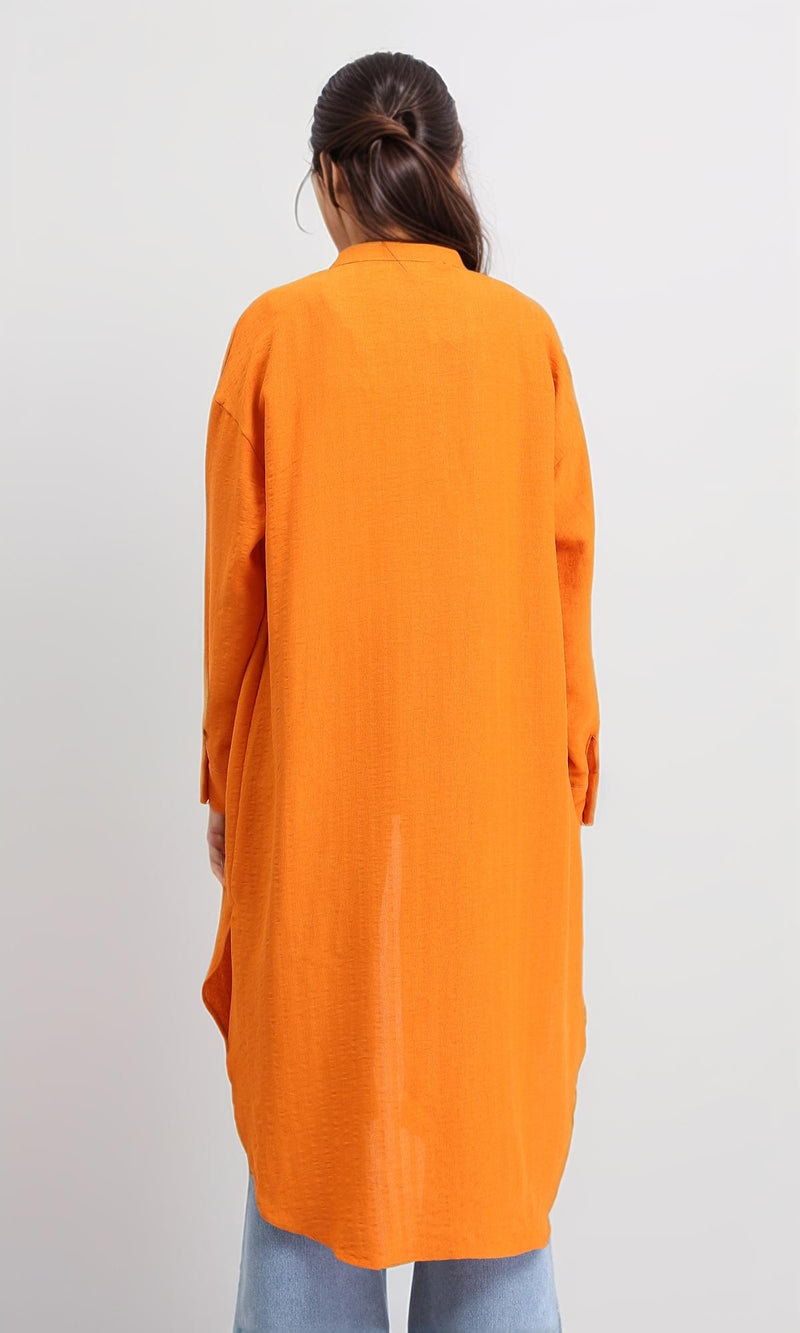 R208124 - Mandarin Collar Textured Long Shirt - Orange