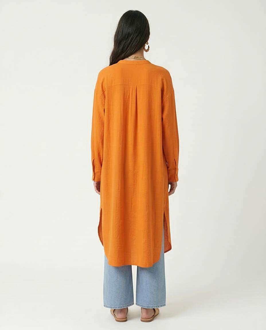 Ravin Women’s Mandarian Collar Textured Longline Tunic – Vibrant Orange - R208124