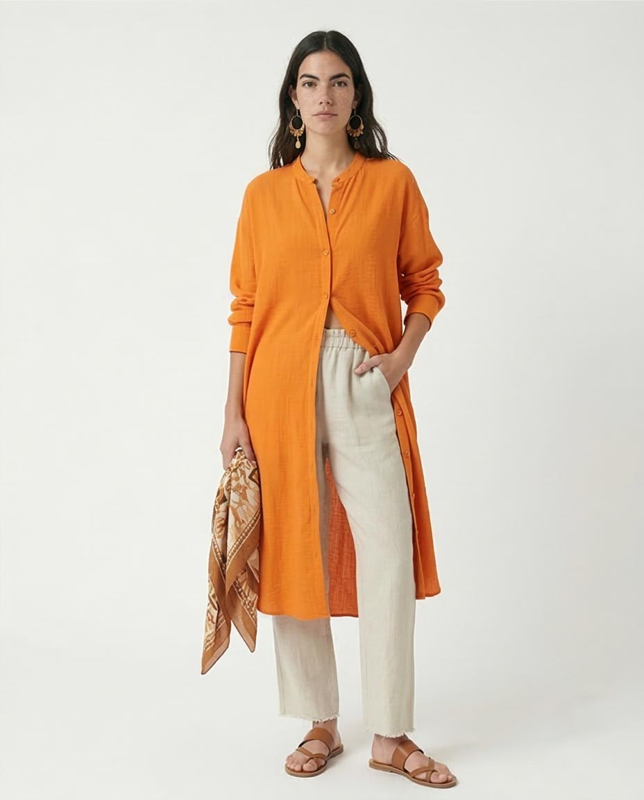 Ravin Women’s Mandarian Collar Textured Longline Tunic – Vibrant Orange - R208124