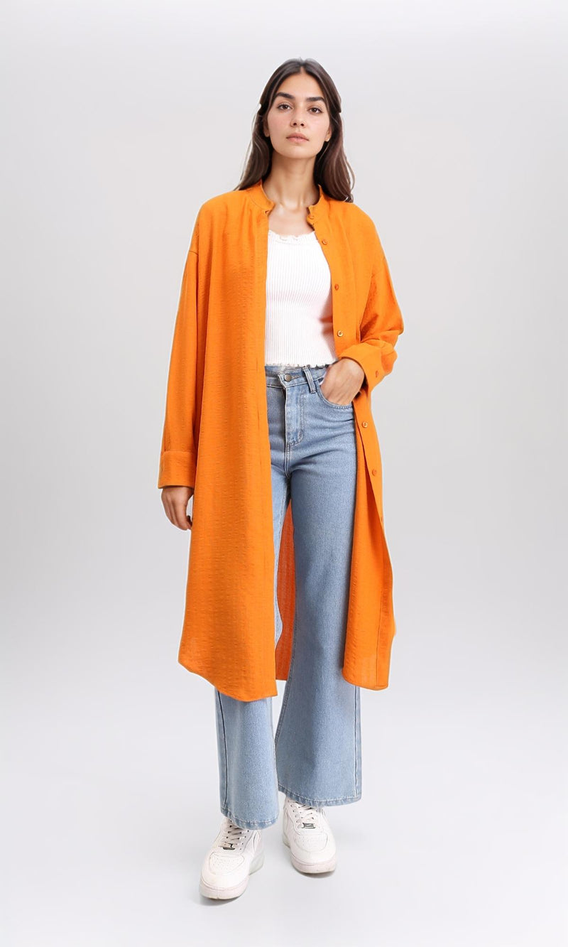 R208124 - Mandarin Collar Textured Long Shirt - Orange