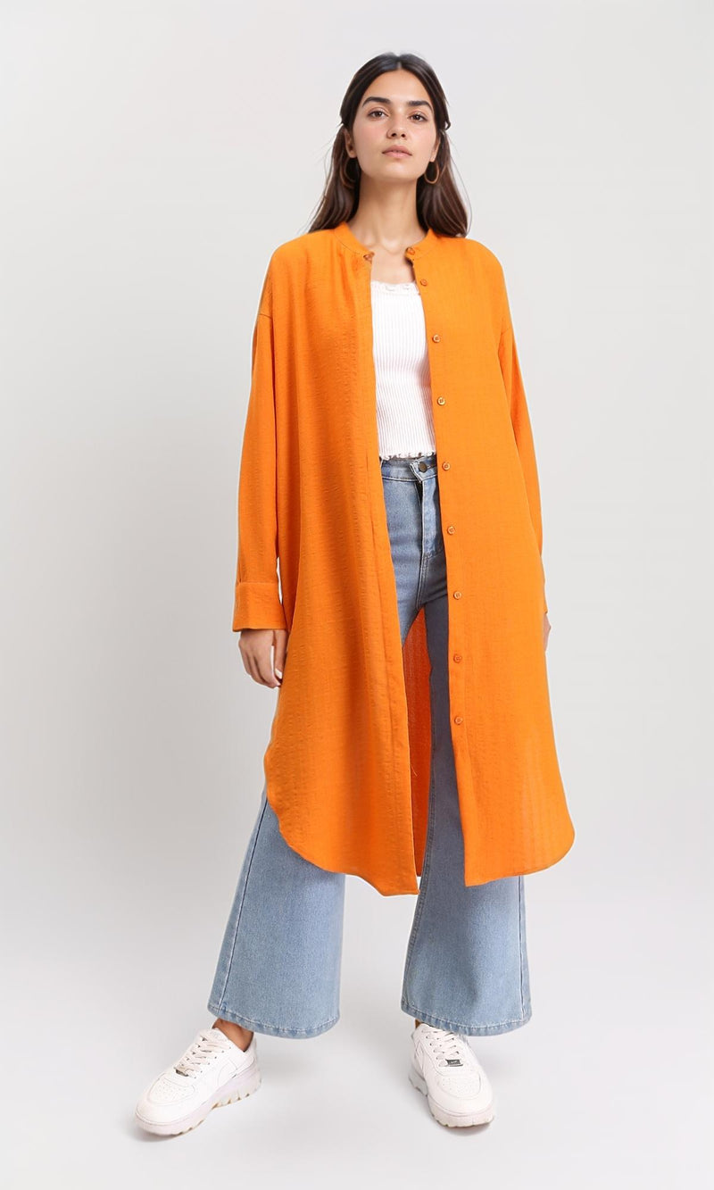 R208124 - Mandarin Collar Textured Long Shirt - Orange