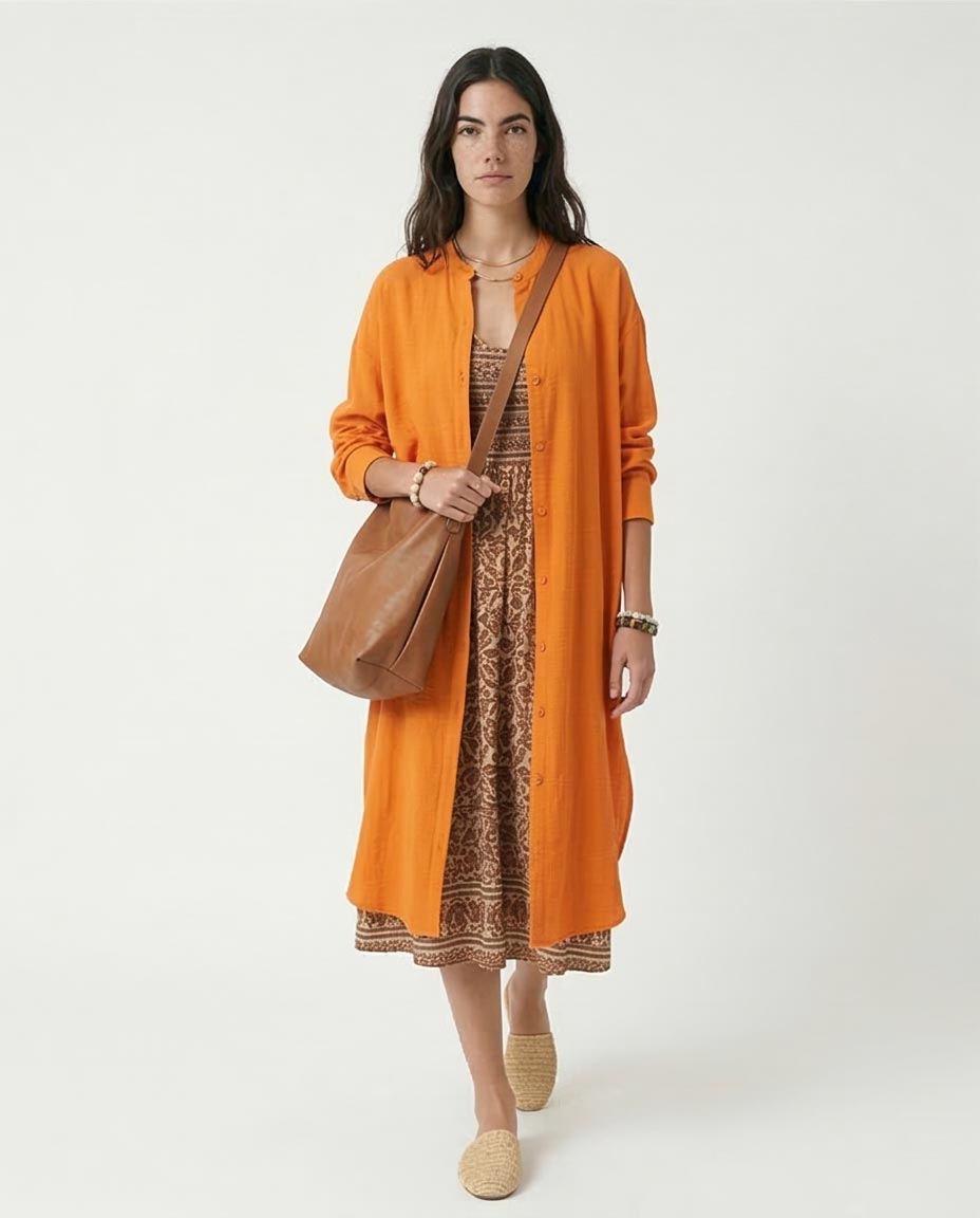 Ravin Women’s Mandarian Collar Textured Longline Tunic – Vibrant Orange - R208124