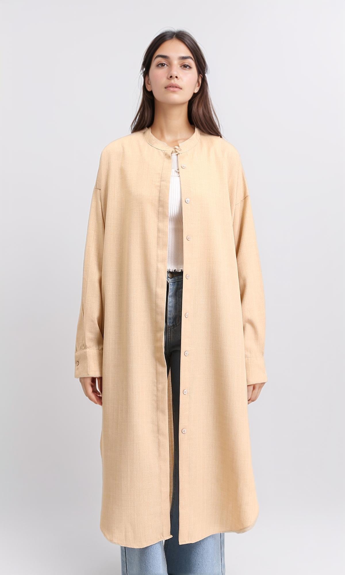 Mandarin Collar Textured Long Shirt - Nude