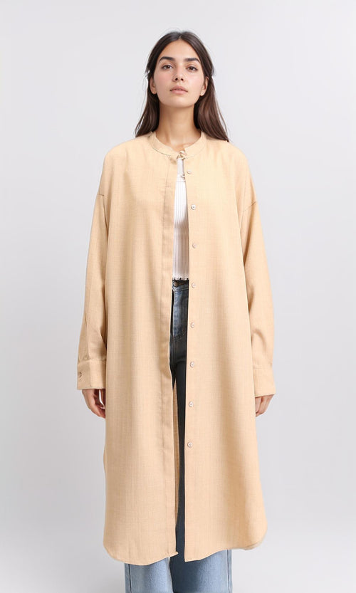R208125 - Mandarin Collar Textured Long Shirt - Nude