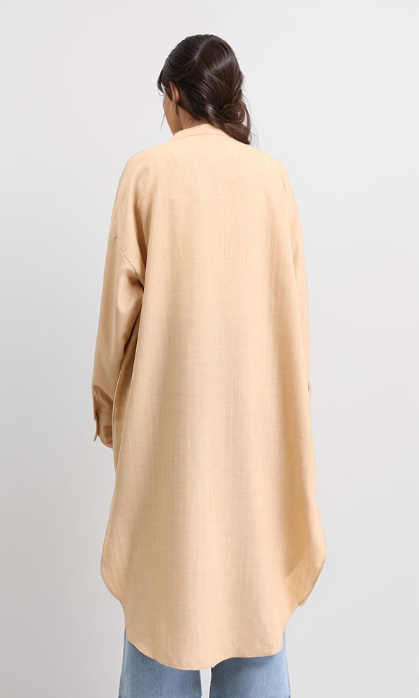 R208125 - Mandarin Collar Textured Long Shirt - Nude