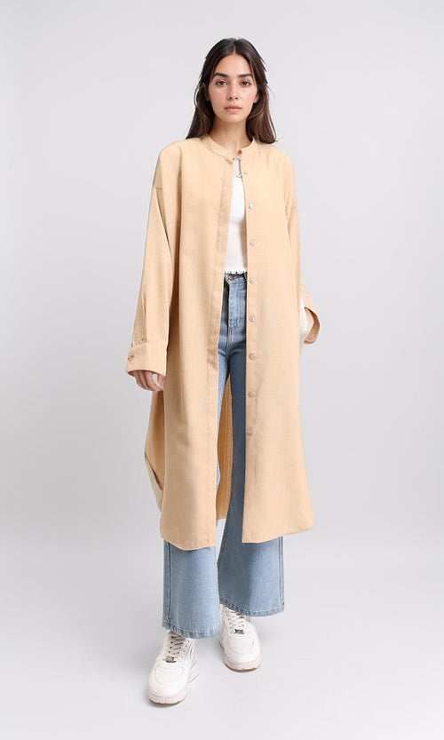 R208125 - Mandarin Collar Textured Long Shirt - Nude