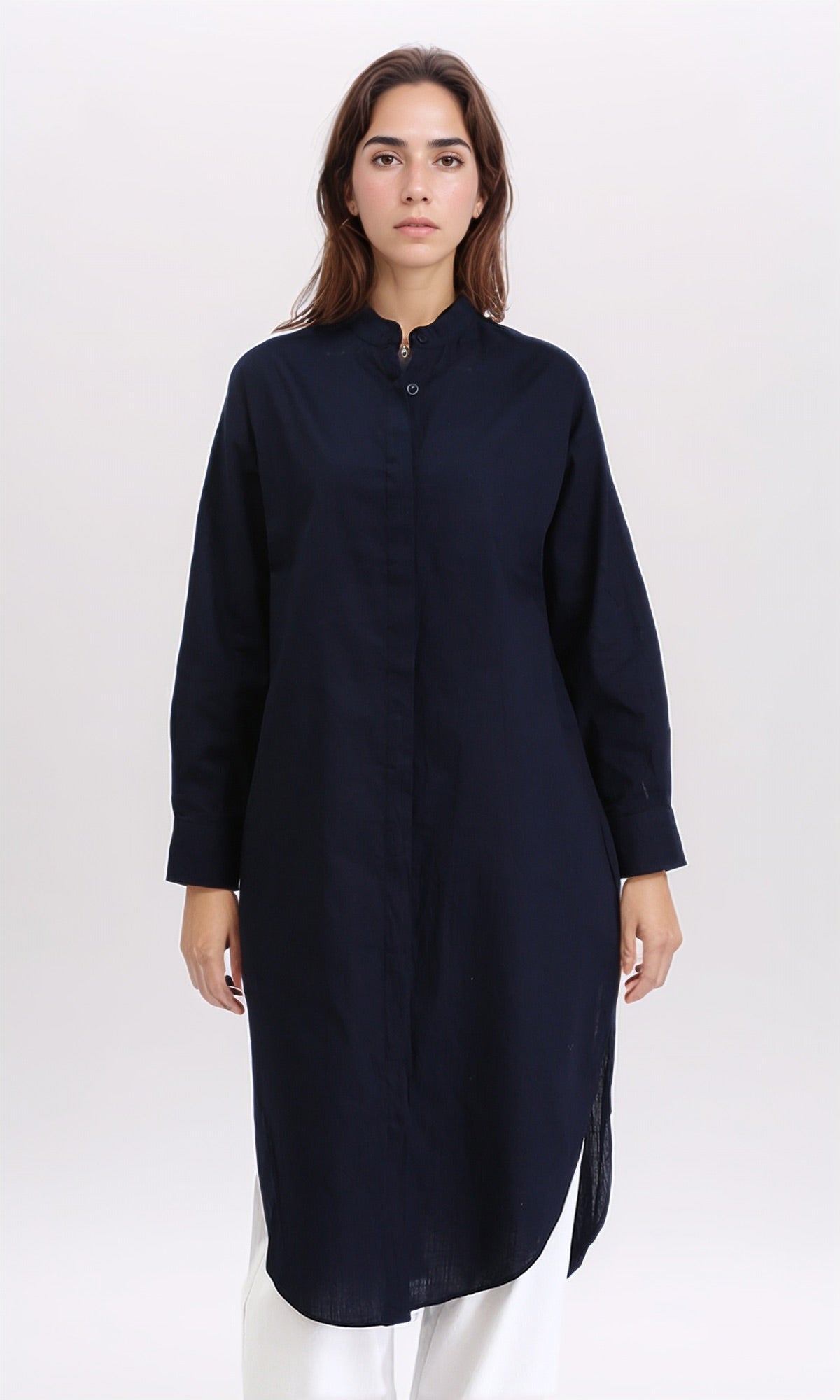 Mandarin Collar Solid Long Shirt - Navy Blue