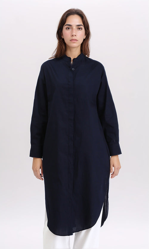 R208126 - Mandarin Collar Solid Long Shirt - Navy Blue