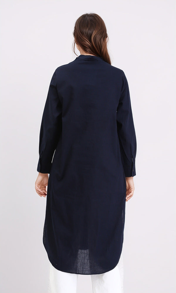 R208126 - Mandarin Collar Solid Long Shirt - Navy Blue